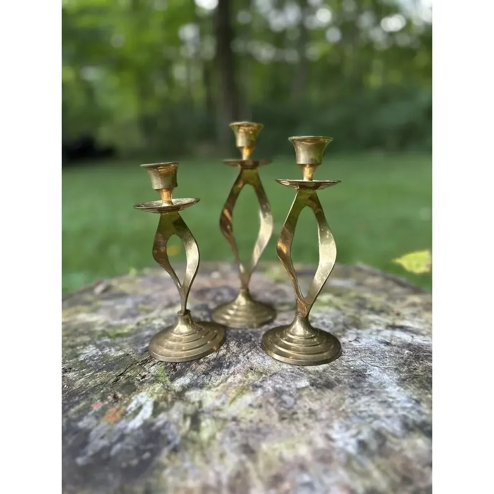 Vintage‎ MCM Set Of 3 Brass Twisted Candlestick Holders - Made in India